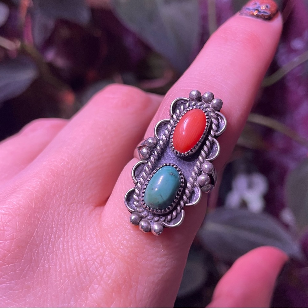 Vintage Handmade Sterling Silver Turquoise Coral Ring 925 Size 7 DJ Southwestern